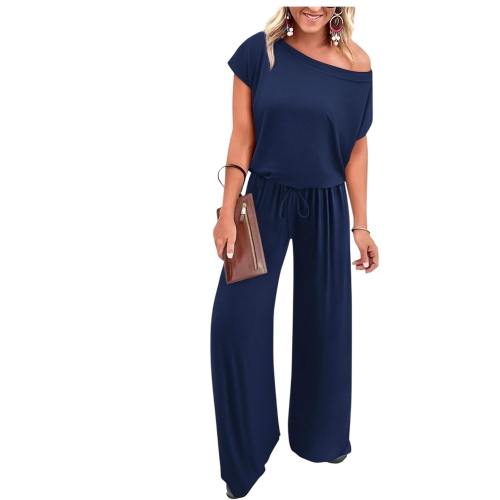 KIRUNDO NEW Womens Jumpsuit Navy Blue Loose Wide Leg Drawstring Waist Size M